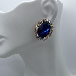 Vintage Cobalt Blue & Gold Rhinestone Clip-On Earrings
